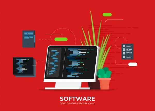 ソフトウェア開発とプログラミング ラップトップ画面上のプログラムコード ビッグデータ処理 計算等 — ストックベクタ