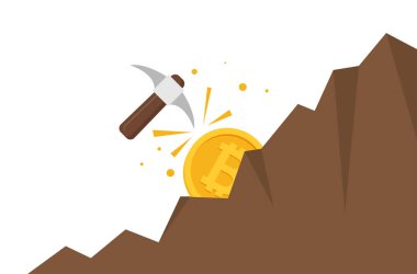 Kazma ve madeni para düz vektörü ile Bitcoin madencilik kavramı