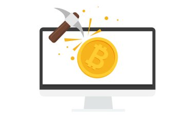 Kazma ve madeni para düz vektörü ile Bitcoin madencilik kavramı