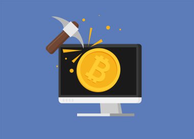 Kazma ve madeni para düz vektörü ile Bitcoin madencilik kavramı