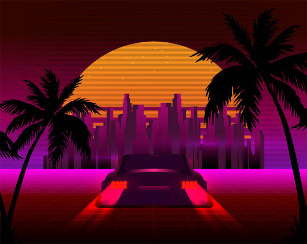 Retro future, 80s style Sci-Fi Background. Futuristic car.