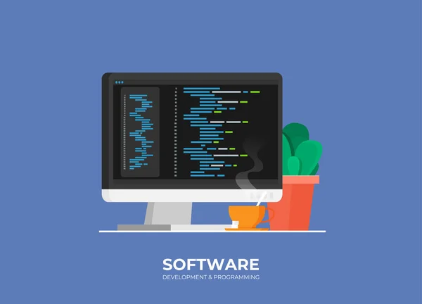 Desarrollo Programación Software Código Programa Pantalla Del Ordenador Portátil Procesamiento — Archivo Imágenes Vectoriales