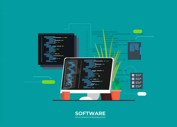 Desarrollo Programación Software Código Programa Pantalla Del Ordenador Portátil Procesamiento — Vector de stock