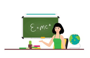 Okul öğretmeni tahtada görünüyor. Düz dizayn. Vektör illüstrasyonu.