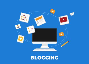 Blog aktivitesi olan bilgisayar. Düz vektör.