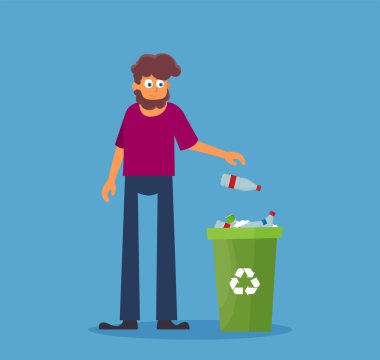 Atık ayıklama. Çöp torbası vektörüne plastik şişeler yerleştir