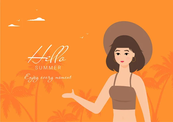 Vacaciones Verano Vector Ilustración Con Chica Playa Diseño Plano — Archivo Imágenes Vectoriales