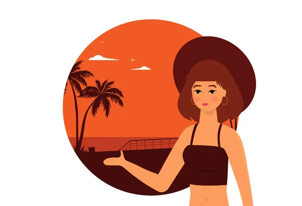 Vacaciones Verano Vector Ilustración Con Chica Playa Diseño Plano — Vector de stock
