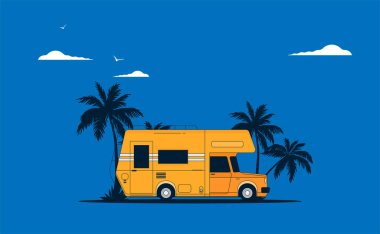 Yaz tatilleri vektör çizimi, düz dizayn plajı, araba ve sörf.