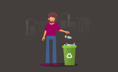 Atık ayıklama. Çöp torbası vektörüne plastik şişeler yerleştir