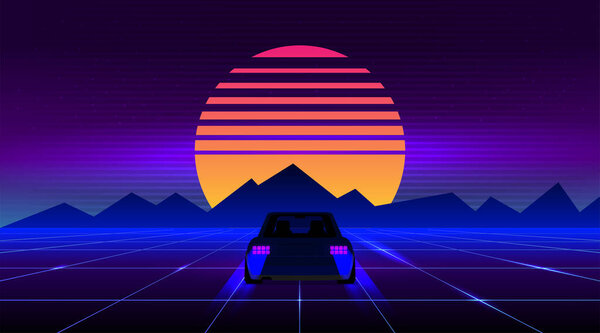 Retro future, 80s style Sci-Fi Background. Futuristic car.