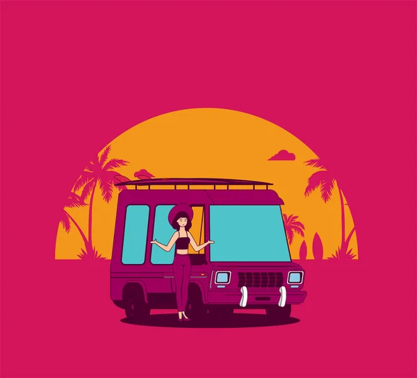 Verão Feriados Vetor Ilustração Praia Design Plano Com Carro Surf — Vetor de Stock