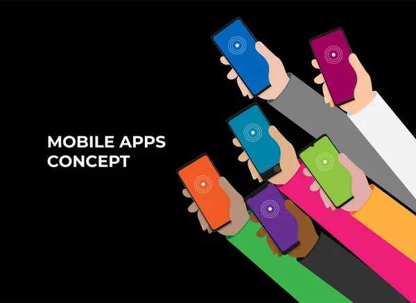 Mobiele Apps Concept Platte Ontwerp Vector Illustratie Menselijke Hand Met — Stockvector