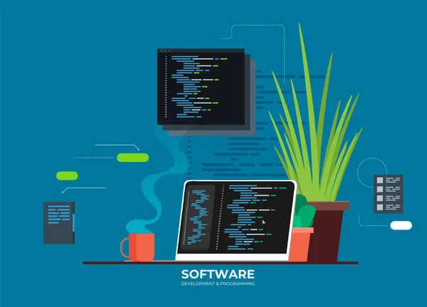 소프트웨어 프로그래밍 노트북 화면의 프로그램 데이터 컴퓨팅등 — 스톡 벡터