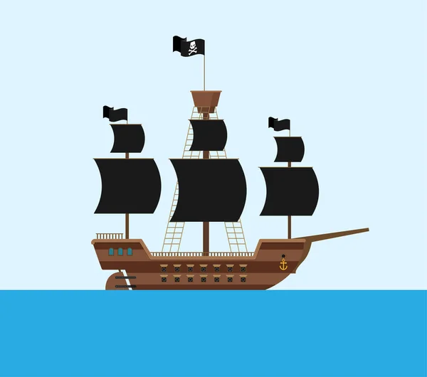 Flat Vector Pirate Ship Sea — Stock Vector