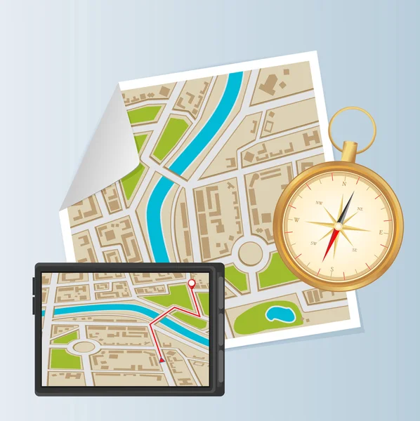 Mapa s kompasem a navigace — Stockový vektor