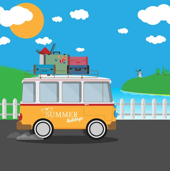 Camionnette de voyage avec fond nature — Image vectorielle