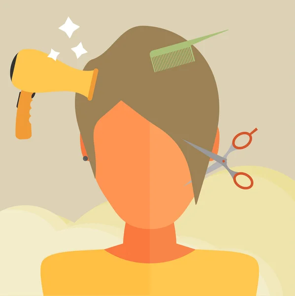 Mujer joven cortándose el pelo . — Vector de stock