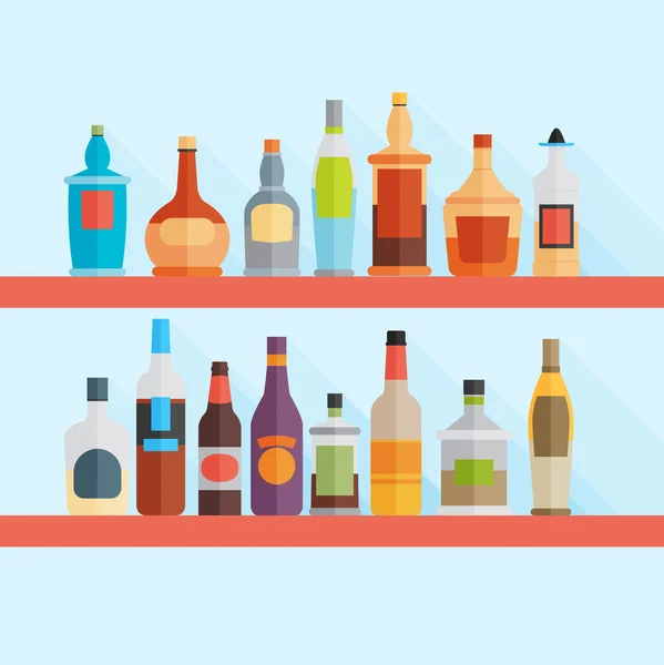 Bottles with Drinks on shelf. — Stock Vector