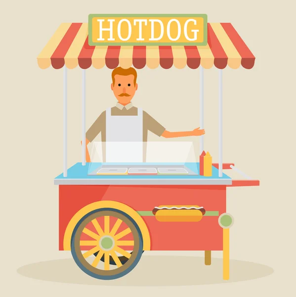 Carro de perro caliente con vendedor — Vector de stock