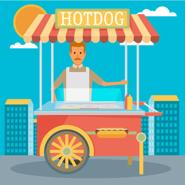 Hot-Dog-Wagen mit Verkäufer — Stockvektor