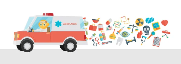 Ambulance avec médecin et icônes — Image vectorielle