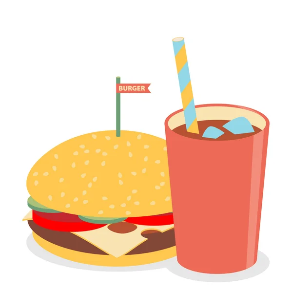 Platte iconen van hamburger met soda — Stockvector