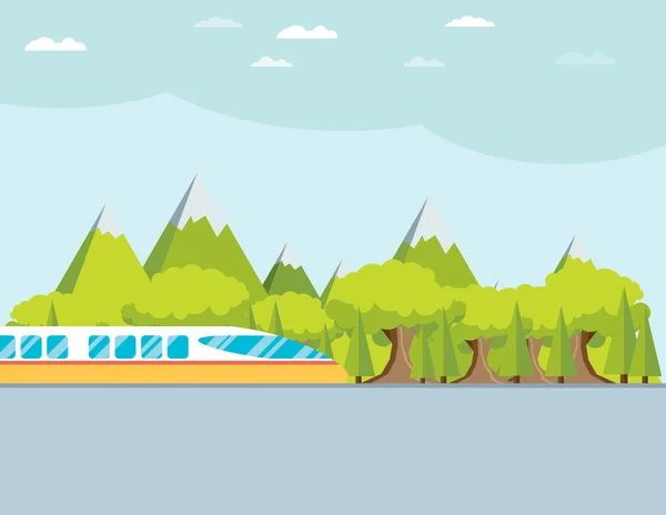 Train on railway with forest and mountains — Stock Vector