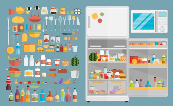 Frigorífico con alimentos, bebidas y utensilios de cocina — Vector de stock