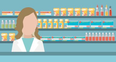 female pharmacist at the counter in a pharmacy clipart