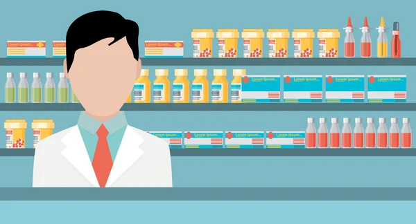 Farmacéutico masculino en el mostrador en una farmacia — Vector de stock