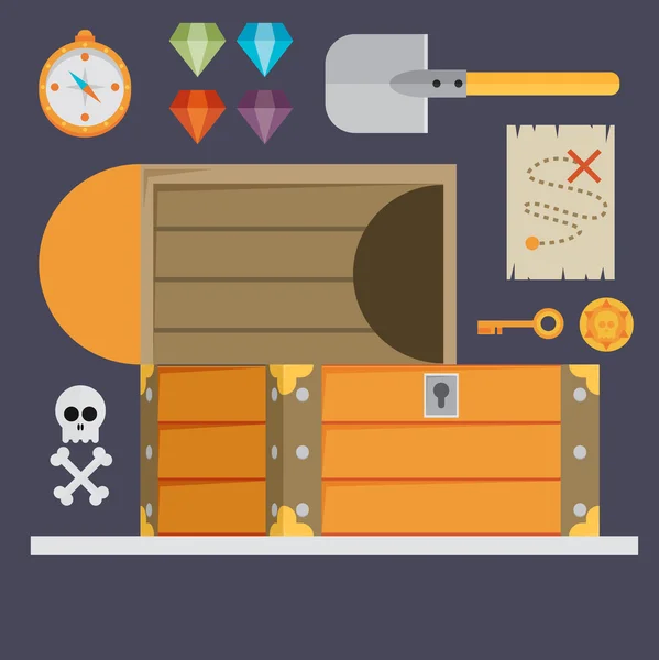 Open treasure chest and pirates stuff — Stock Vector