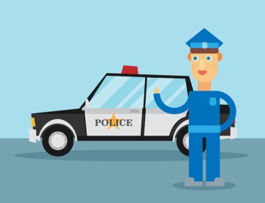 Polis memuru polis arabasının önünde duruyor.