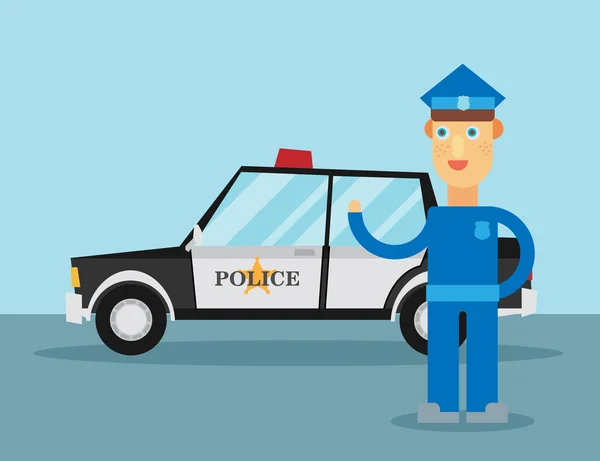 Police officer stands in front of police car. — Stock Vector