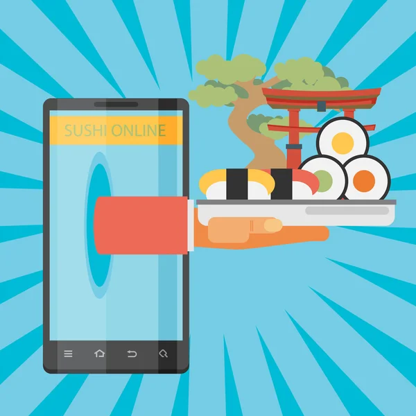Entrega de sushi por aplicativo móvel — Vetor de Stock