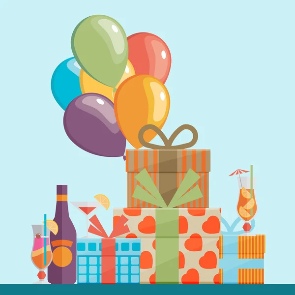 Pastel de cumpleaños, bebidas y regalos — Vector de stock