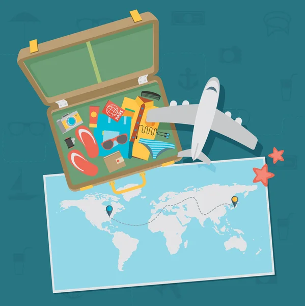 Упакованный чемодан, модель самолета и карта — стоковый вектор