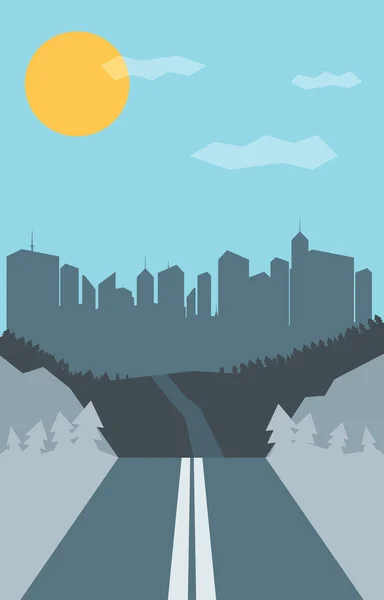 Road with mountain landscape and city — Stock Vector