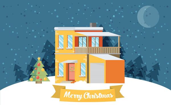 Рождественская открытка с домом и елкой
