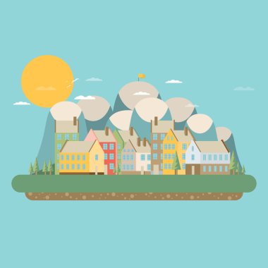 Evler. Dağları ve ağaçları.