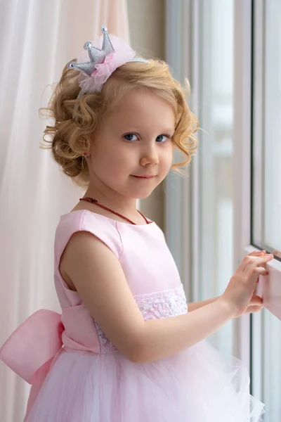 Una Niña Con Vestido Rosa Una Corona Sonríe Cerca Ventana —  Fotos de Stock