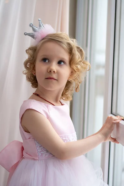 Una Niña Con Vestido Rosa Una Corona Sonríe Cerca Ventana —  Fotos de Stock