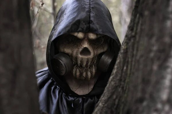 Man Scary Mask Hood Standing Forest Trees Idea Halloween Day — Stock Photo, Image