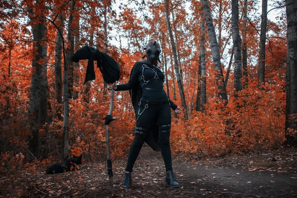 Ein mädchen in einem bdsm kostüm und einer schwarzen maske in einem roten wald.eine idee für halloween — Stockfoto