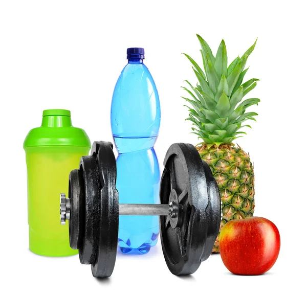 Dumbbell with fruits and protein shaker — Zdjęcie stockowe