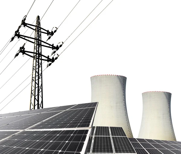 Solar energy panels, nuclear power plant and electricity pylon — Stock Photo, Image