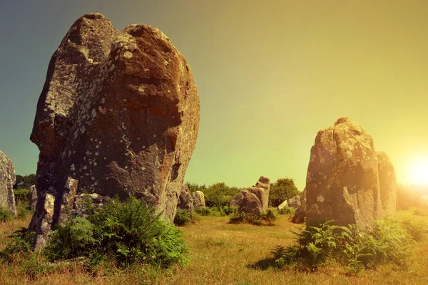 Monumentos megalíticos menhires en Carnac al atardecer — Foto de Stock