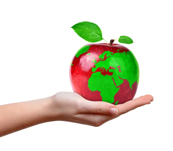 Красное яблоко с картой мира в руке — стоковое фото