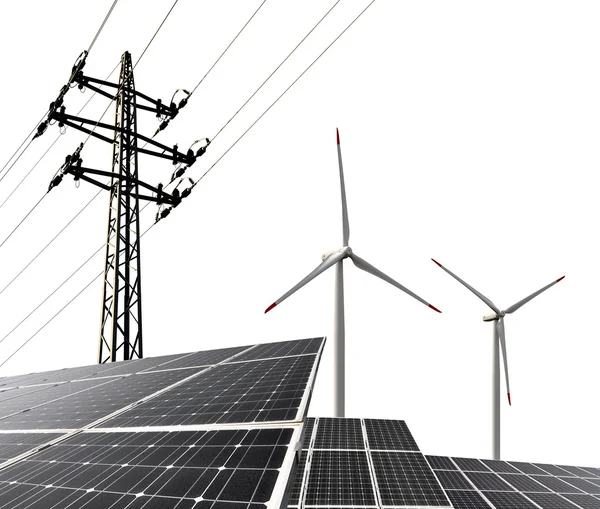 Solar energy panels with wind turbines and electricity pylon — Stock Photo, Image