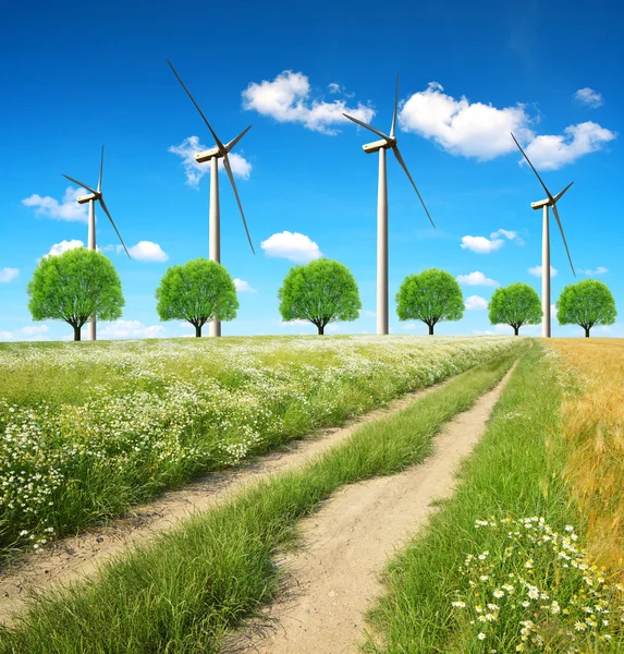 Onverharde weg met windturbines — Stockfoto